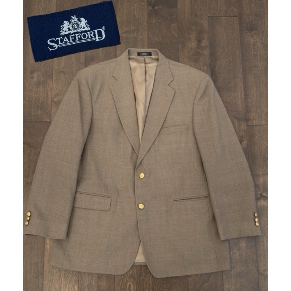Stafford Mens Tan Beige Wool Blend Gold Button Blazer Sport Coat Jacket Size 44R